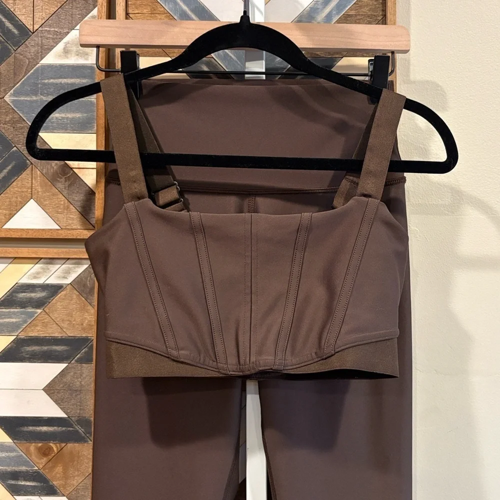 ALO Yoga 7/8 High-Waist Airlift Legging + Corset Bra Set Espresso Brown sz Small